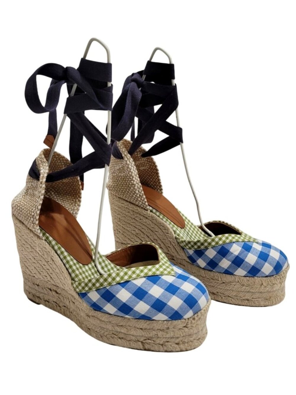 Castaner Womens Espadrille Wedges Blue Gingham Print Lace-Up Size 35
